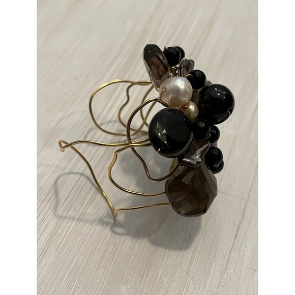 Tonobi Cuff Bracelet Designer Onyx Fox Tail Amethyst & Freshwater Pearl Natural - Picture 7 of 16